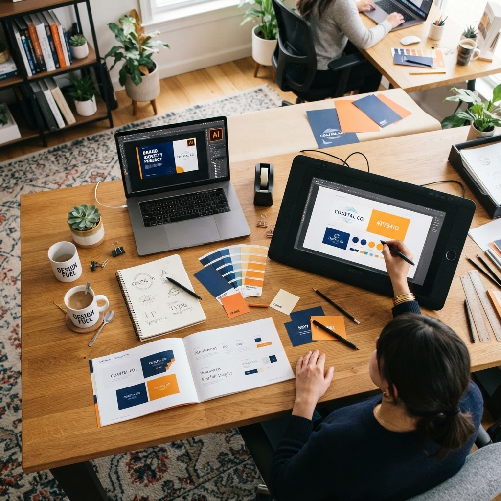GDT design studio workspace with brand layouts and color swatches